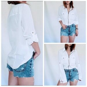 Michael Kors White Zip-Front Button Pocket Blouse - Women's Tops